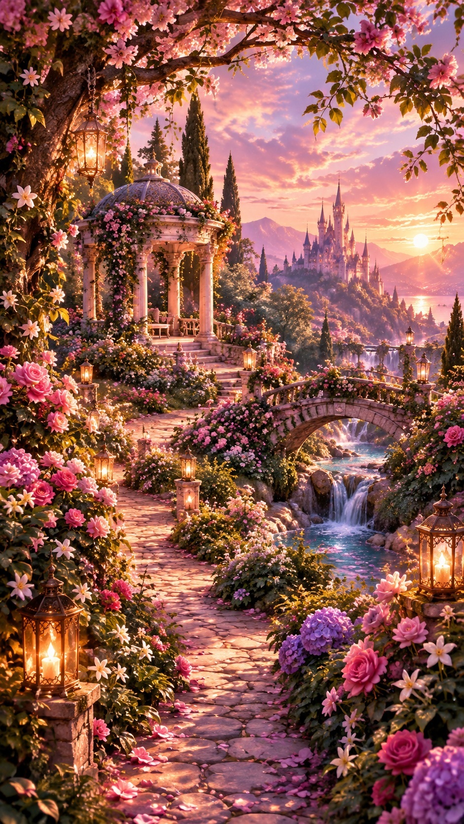 Dreamy castle garden at sunset