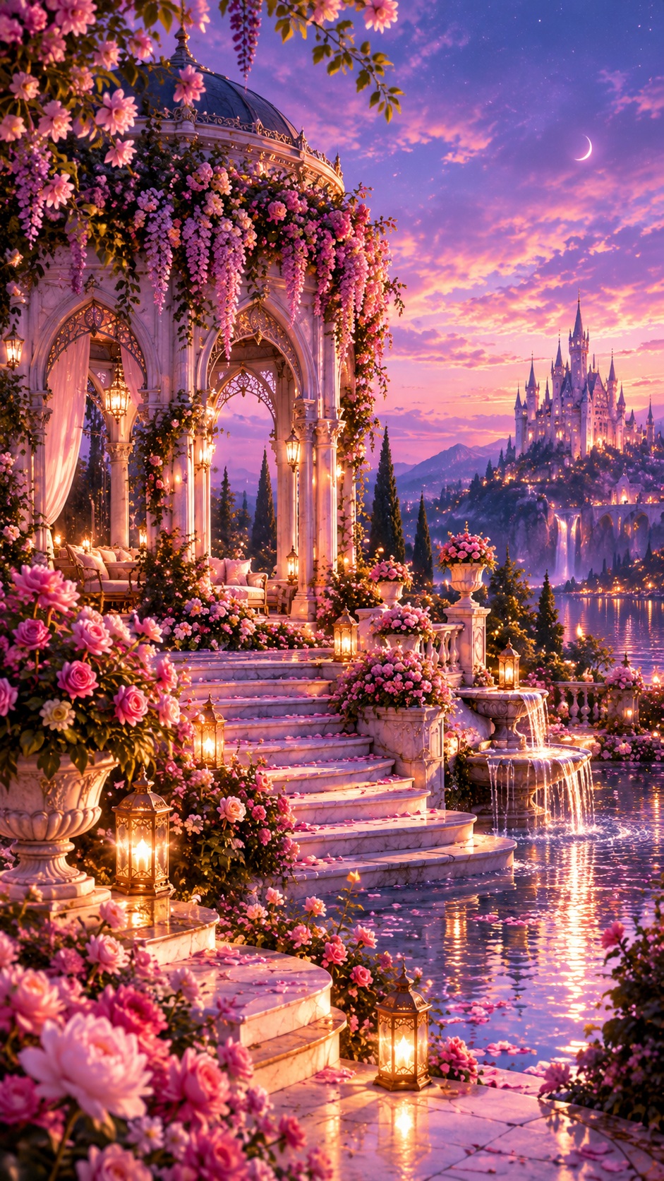 Starry rose garden by a moonlit lake