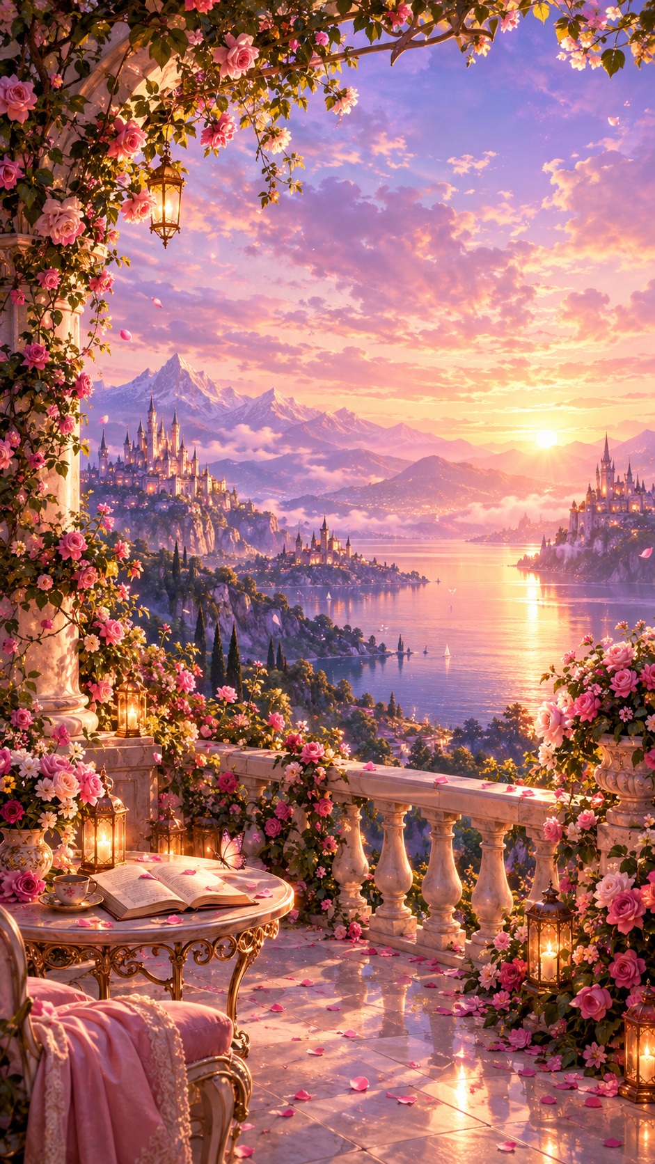 Dreamy sunrise over a romantic fantasy lake
