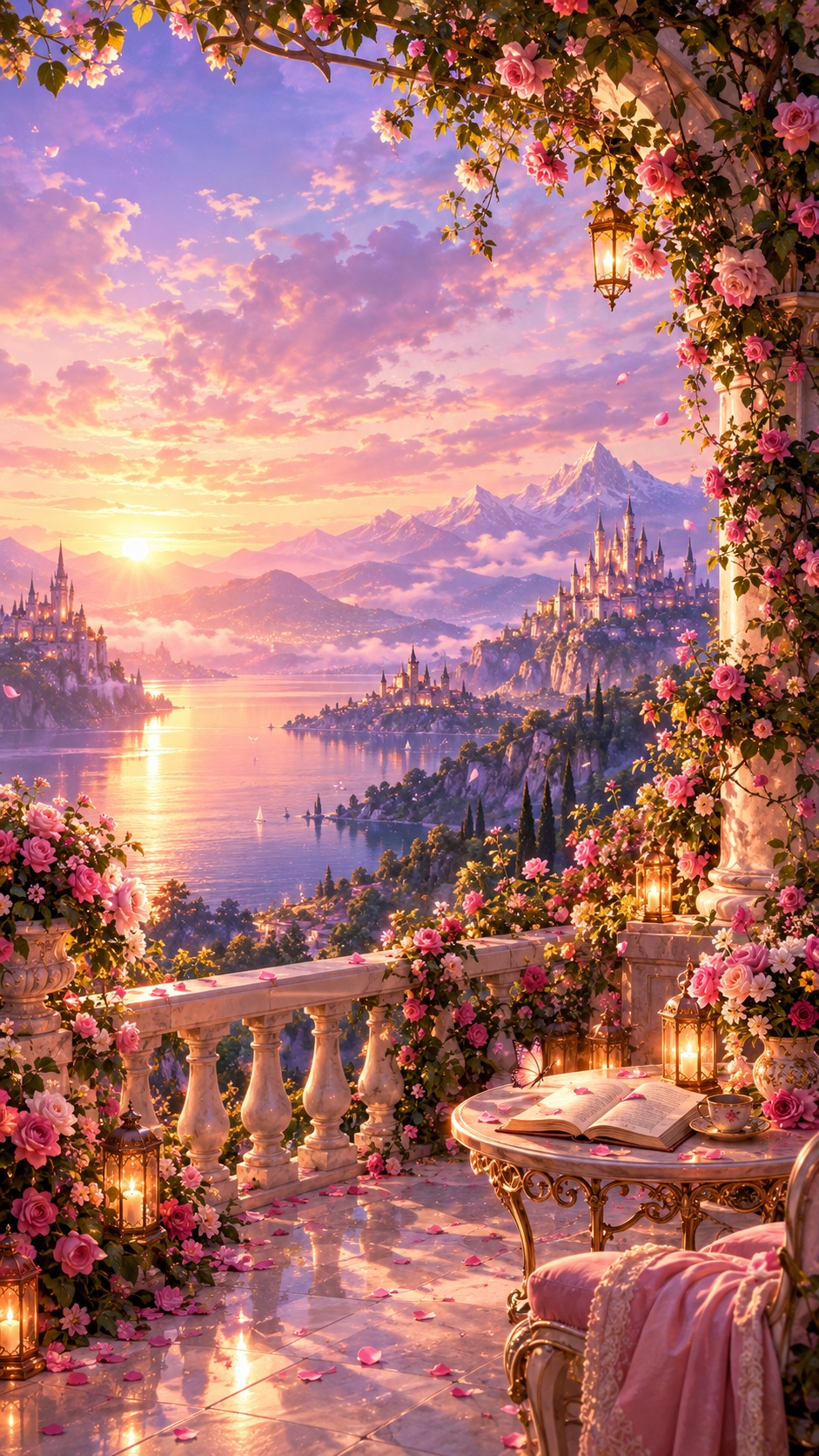 Dreamy final rose garden at sunrise