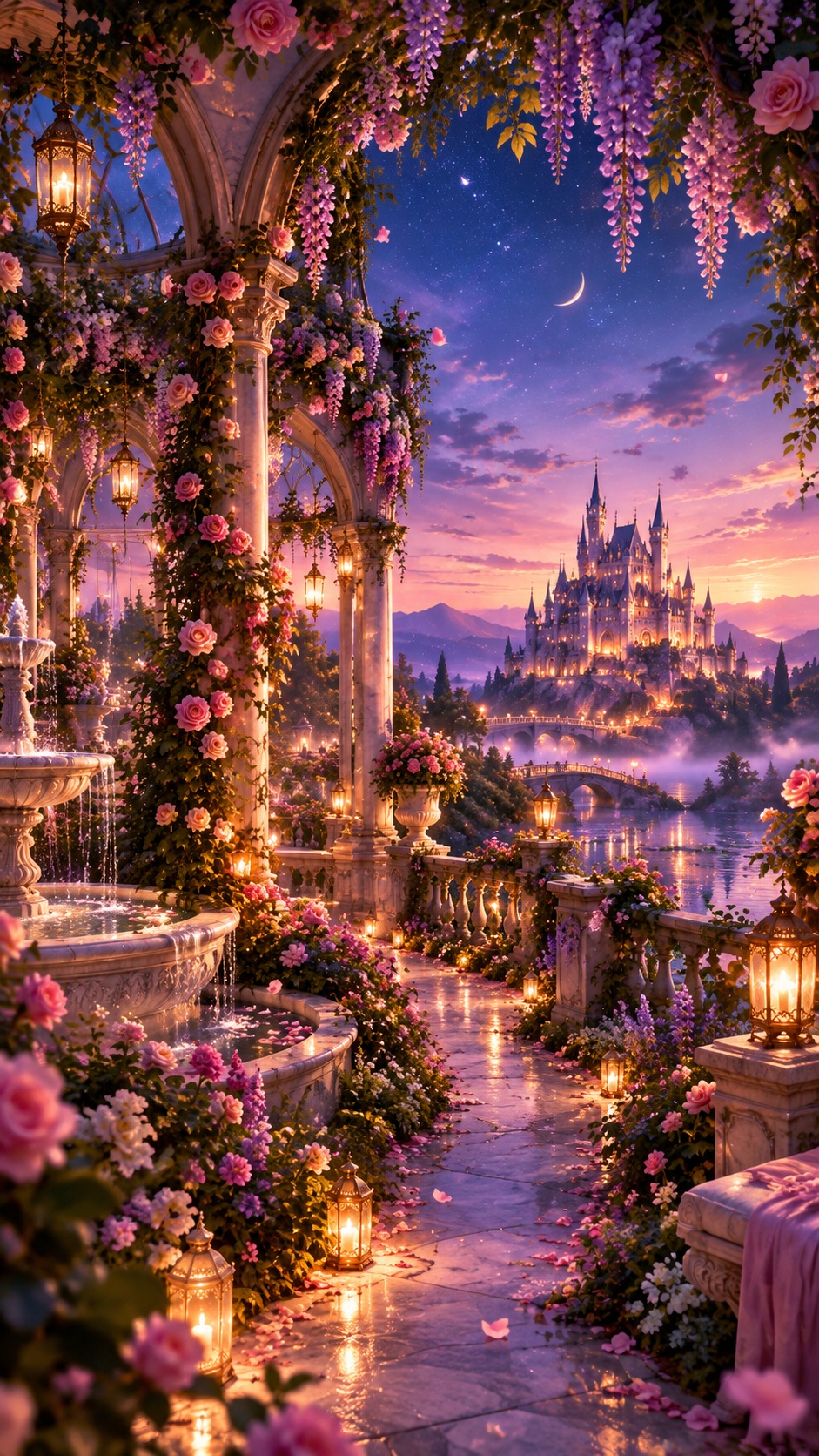 Grand rose fountain garden at twilight