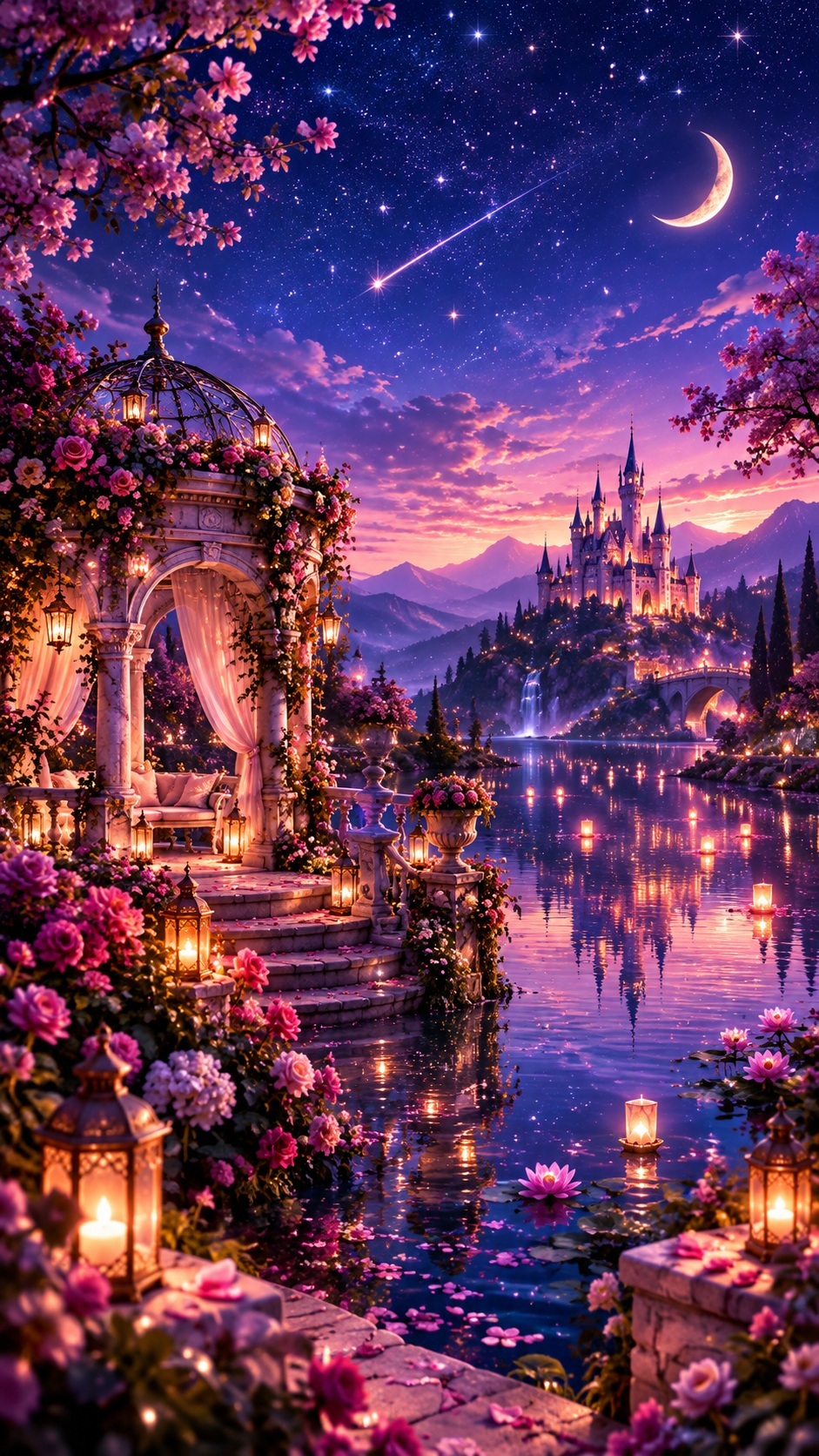 Dreamy moonlit wishing lake surrounded by roses