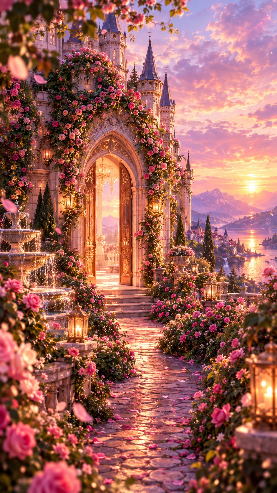 Enchanted rose-covered castle doorway