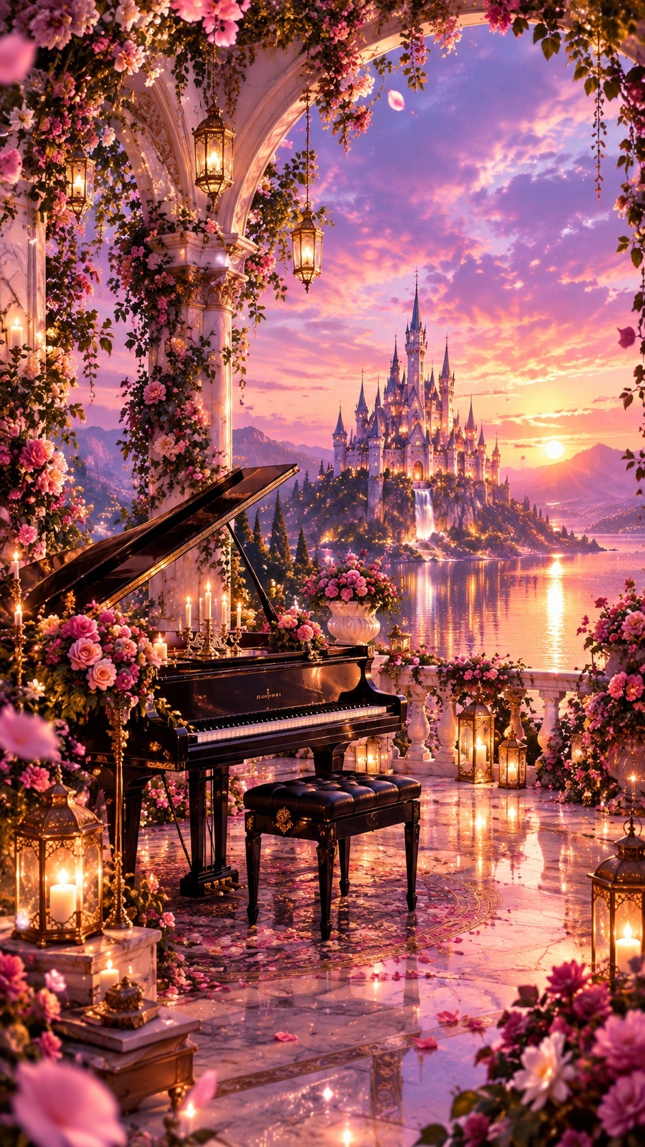 Romantic piano room overlooking a fantasy castle